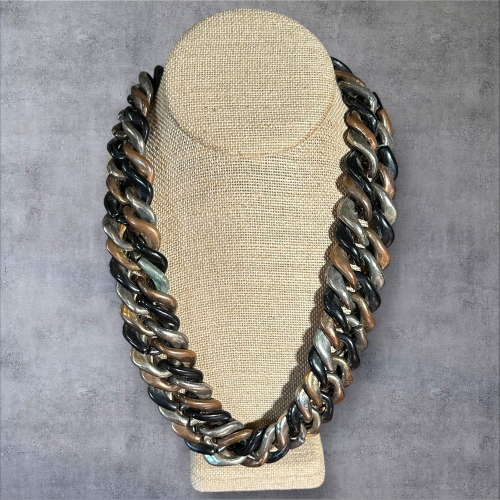 Vtg 3-toned Necklace Black/Copper/Silver Lucite Chain Links‎ 22" Lightweight
